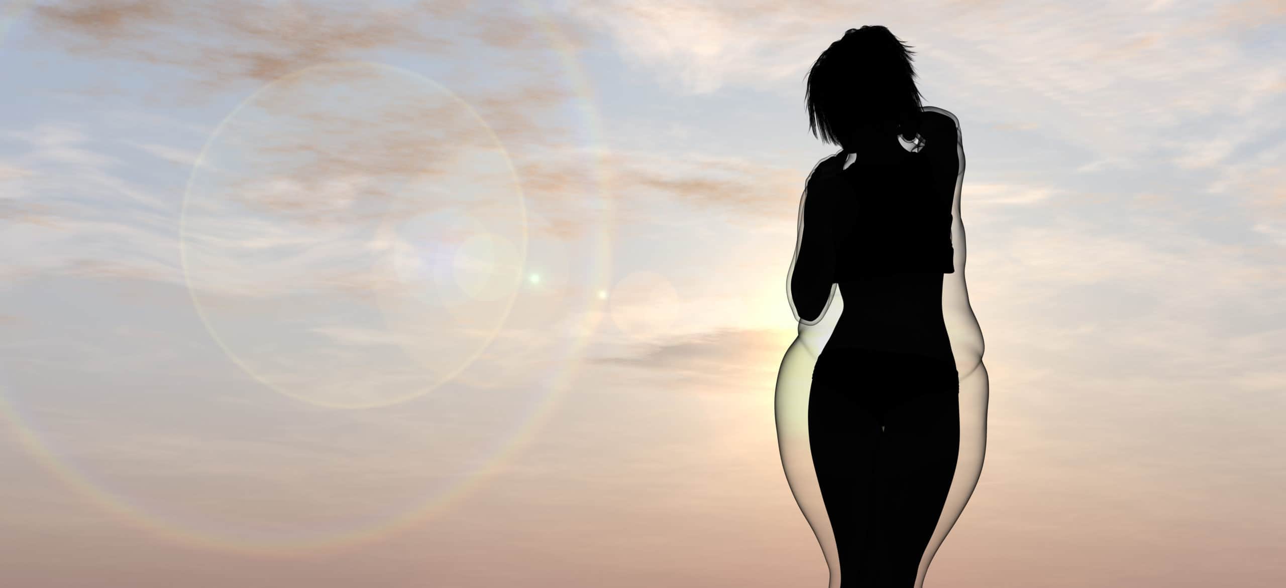 Conceptual fat overweight obese female vs slim fit healthy body after weight loss or diet with muscles thin young woman over sunset. Fitness, nutrition or fatness obesity, health shape 3D illustration