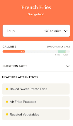 In-app Screen Capture of Healthy Swaps: 
French Fries (Orange food) 
1 cup = 173 calories
Healthier Alternatives: 
Baked Sweet Potato Fries
Air Fried Potatoes
Roasted Vegetables