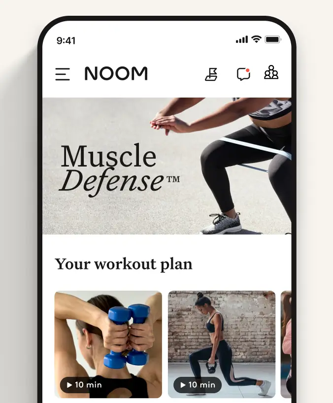 Noom app showing Muscle Defense and workout plan videos