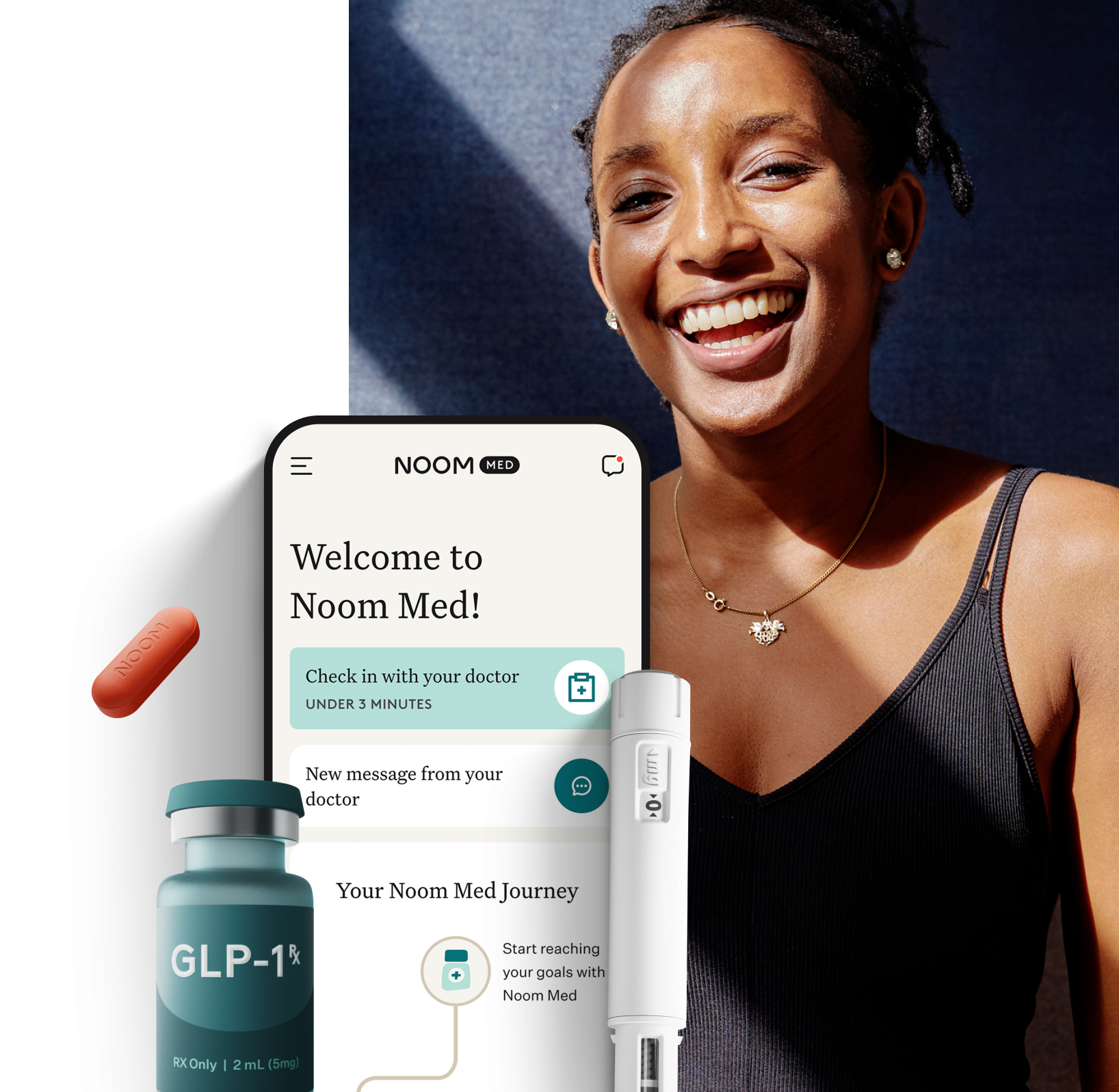 woman smiling with a noom vial, orange pill, and the noom app </p>
<p>